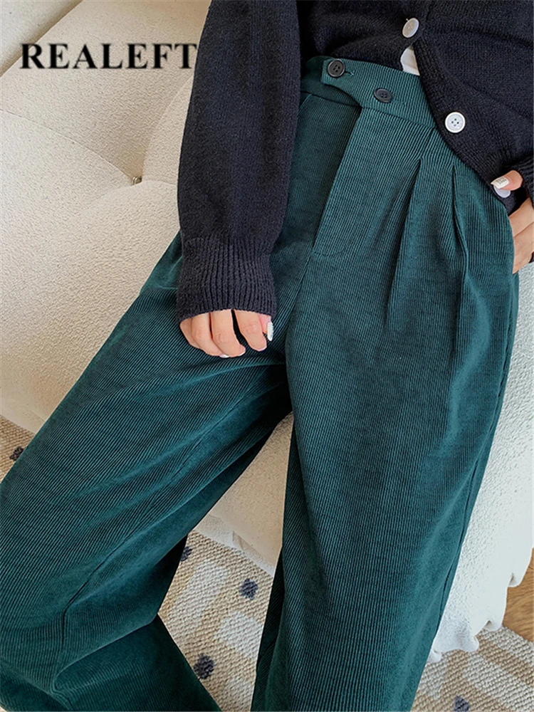 

REALEFT Autumn Winter Women's Wide Legged Pants 2022 New Solid Buttons Elegant High Waist Casual Loose Lady Trousers Female