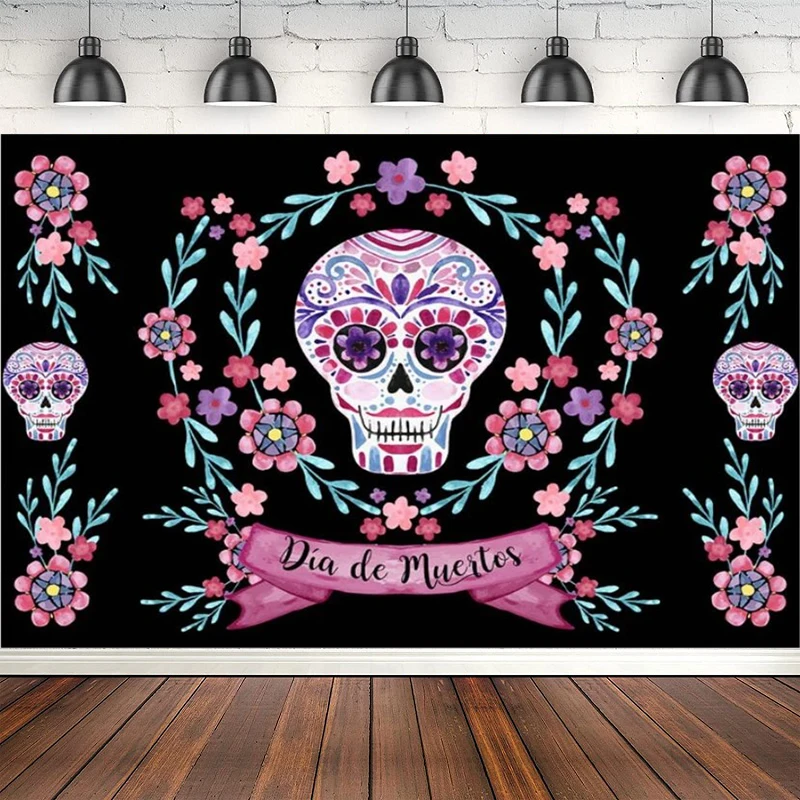 Day Of The Dead Photography Backdrop For Mexican Fiesta Sugar Skull Flowers Background Dia DE Los Muertos Birthday Party Banner