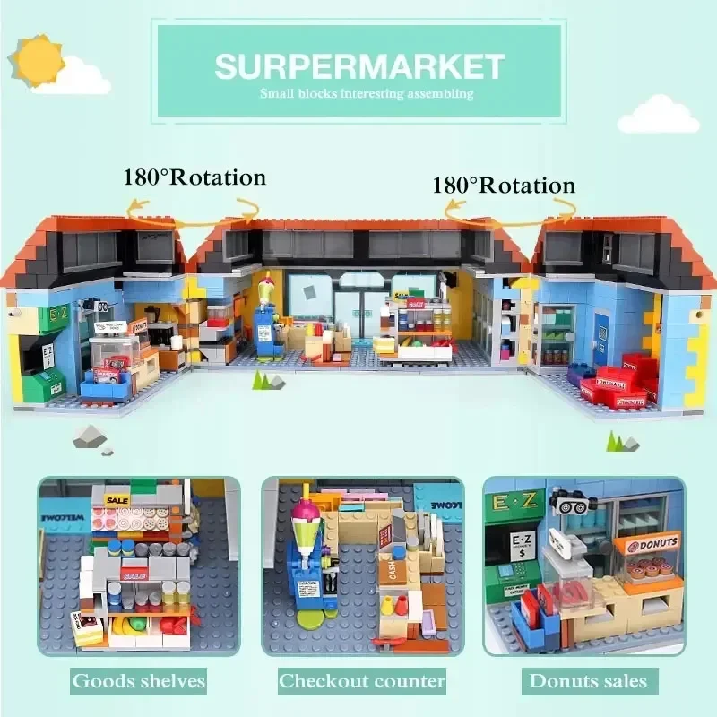 GSF De nieuwe Kwik E Mart en supermarkthuis creatief model bouwsteen baksteen speelgoed bouwveld bouwsteen baksteen jongen