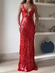 V-Neck Hollow Out Zipper Maxi Dress, Women Spring Sleeveless Sequined Party Dress, Backless Red Color Ladies Dress Streetwear