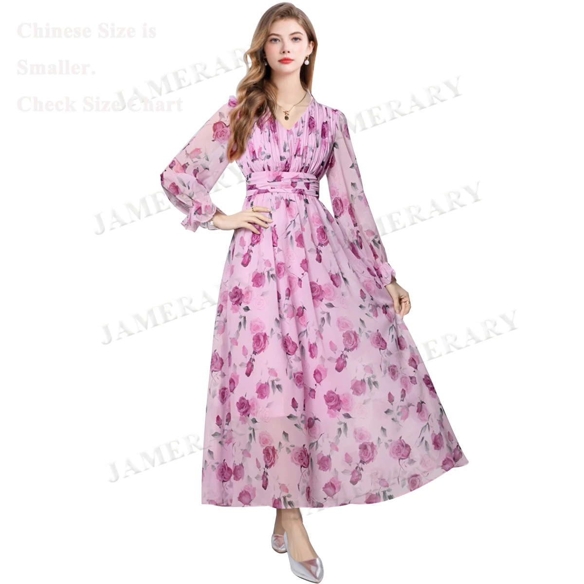 Abiti lunghi floreali a maniche lunghe autunno estate Donna Romantico rosa siciliana Orlo grande Abito da sera in chiffon da ballo per le vacanze bohémien