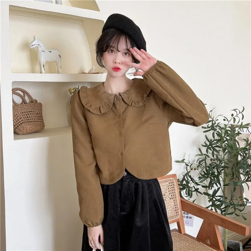 Shirts Women Sweet Vintage Solid French Style Gentle Peter Pan Collar Ruffles Simple Autumn Fashion All-match Casual Chic Loose