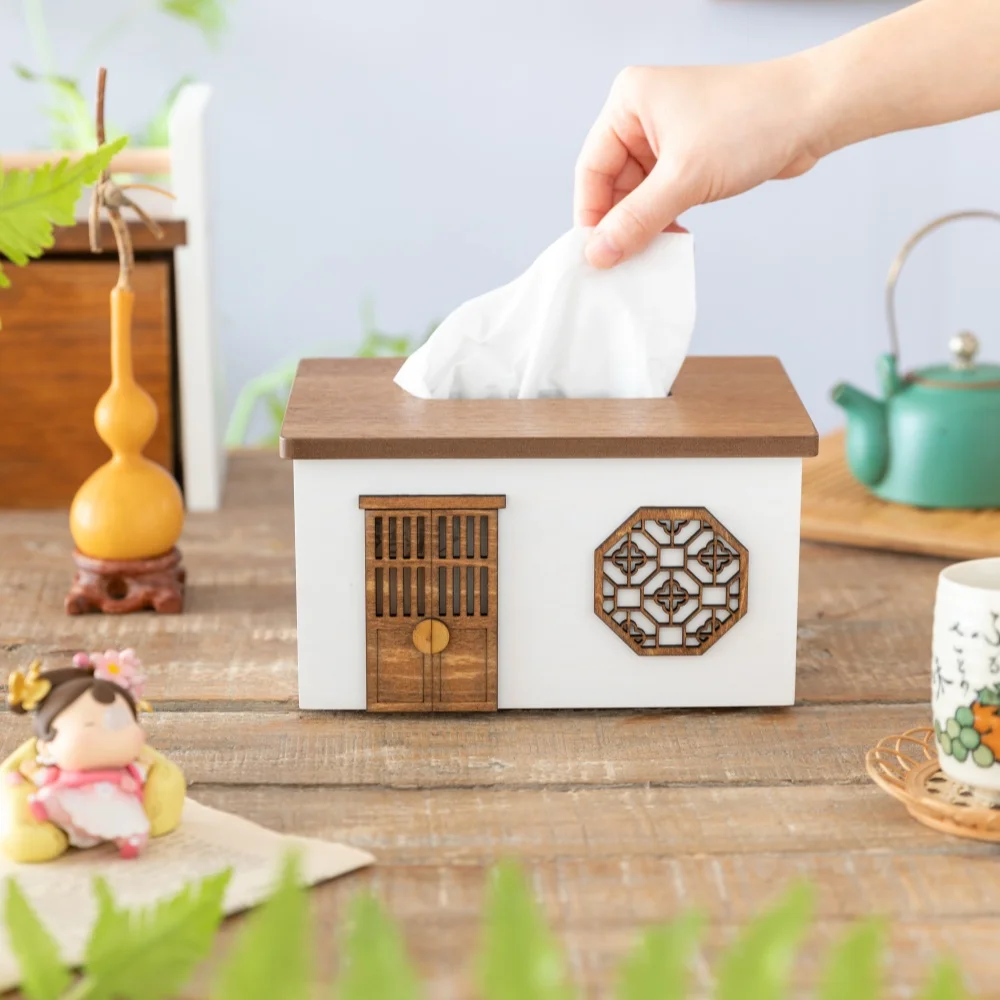 Creative Wooden Tissue Box Cover Rectangular Tissue Holder Dispenser Paper Cover Case Napkin Holder for Home Room Office Decor
