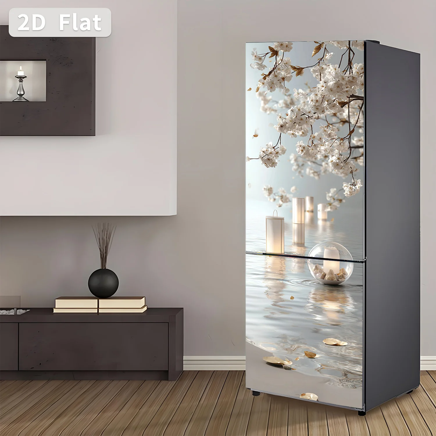 of  Printed Refrigerator Sticker, Measuring, Featuring a Cherry Blossom Water Scene Design. It'S a Self-Adhesive Wall Decorati