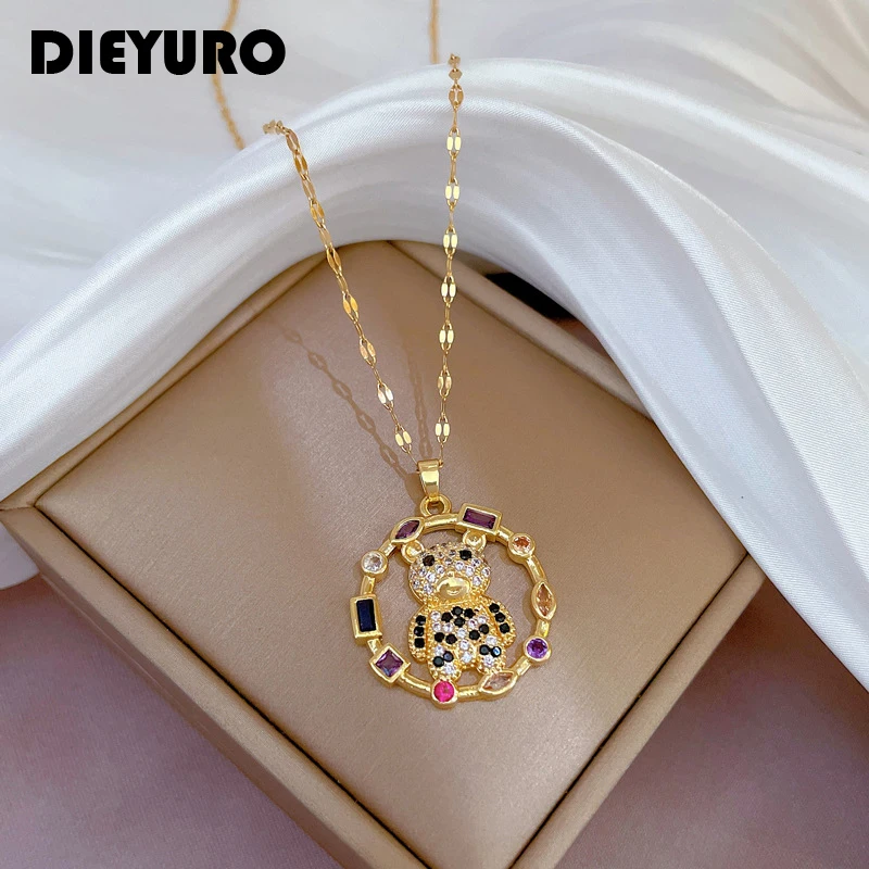 DIEYURO 316L Stainless Steel Cute Colorful Bear Pendant Necklace For Women Fashion Girls Charm Chain Jewelry Party Casual Gifts