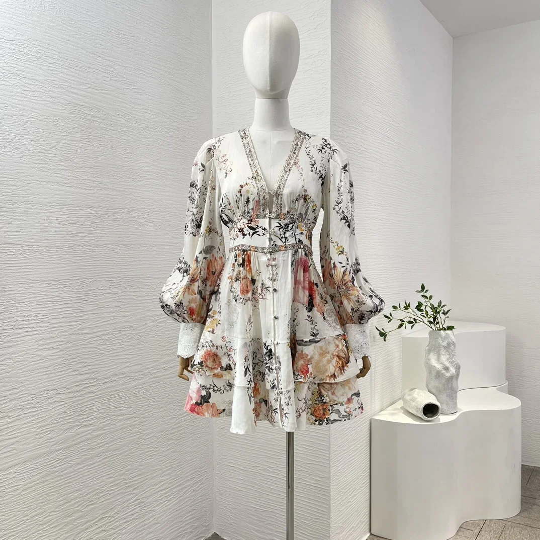 

2024 High Quality Silk Linen Floral Print Shirred Waist Lantern Sleeve Cascading A-line Women Mini Dress for Summer Holiday