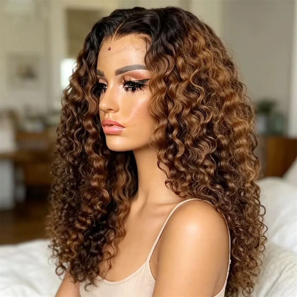 

Ombre Brown Synthetic Kinky Curly Glueless 180 Density 26 Inch Long 13*4*1 Lace Front Wig For Women Babyhair PrePlucked Daily