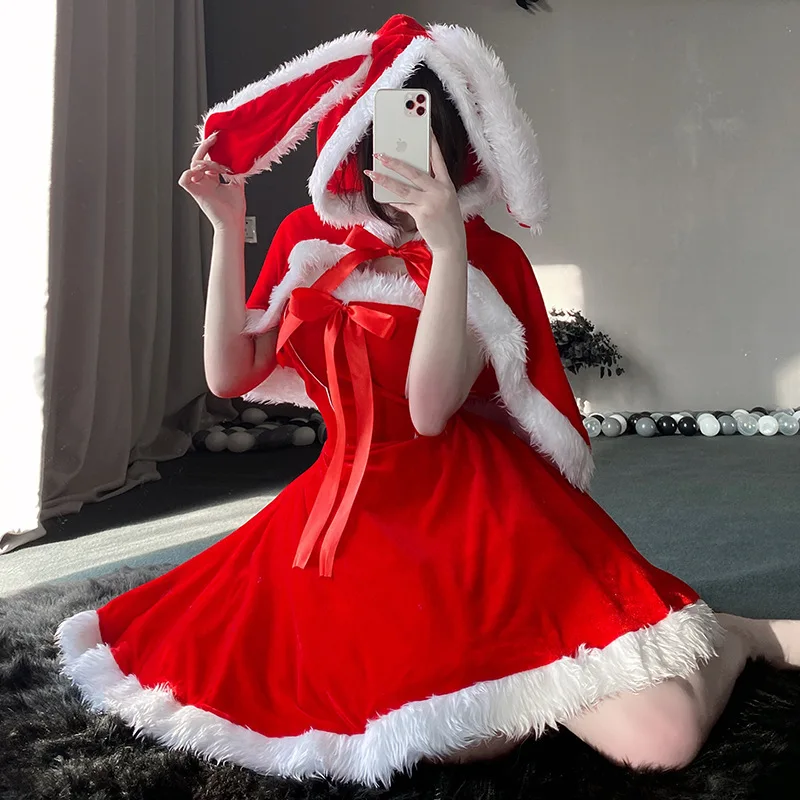 2024 New Arrive Christmas Theme Party Warm Velvet Mini Bunny Santa Claus Cosplay Costume Xmas Snowman Green Elf Fancy Dress