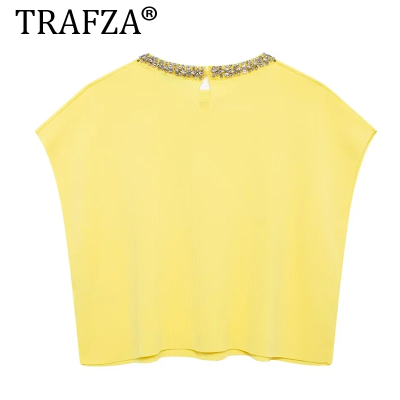 TRAFZA Vintage Chic Women Knitted T-Shirts Solid Short Sleeve Diamond O-Neck Top New Fashion 2024 Autumn Casual Vest Sweaters