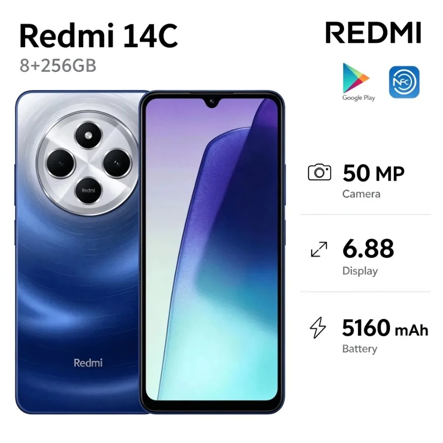 2026 New Redmi 14C Global Version Factory Unlocked Dual SIM Android Smartphone 8GB RAM 256GB 6.88 Inch Sharp 120Hz HD Screen