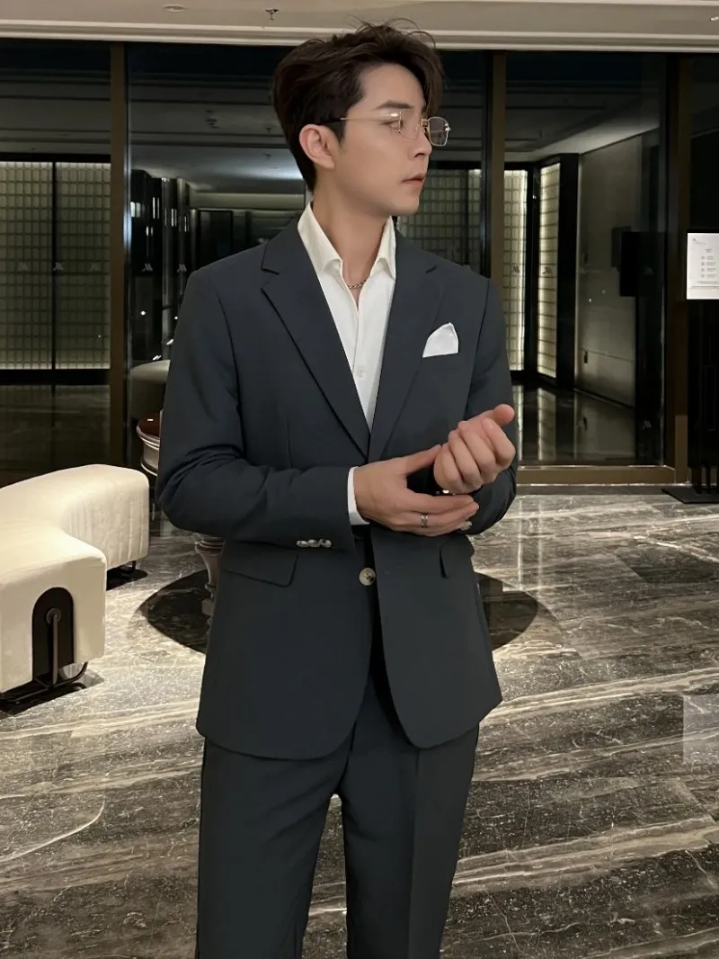 

Advanced Light Mature Men's Suit Jaet Trendy Korean Sle Faionable Urban Casual Long Sve Stand Fit Double Breasted