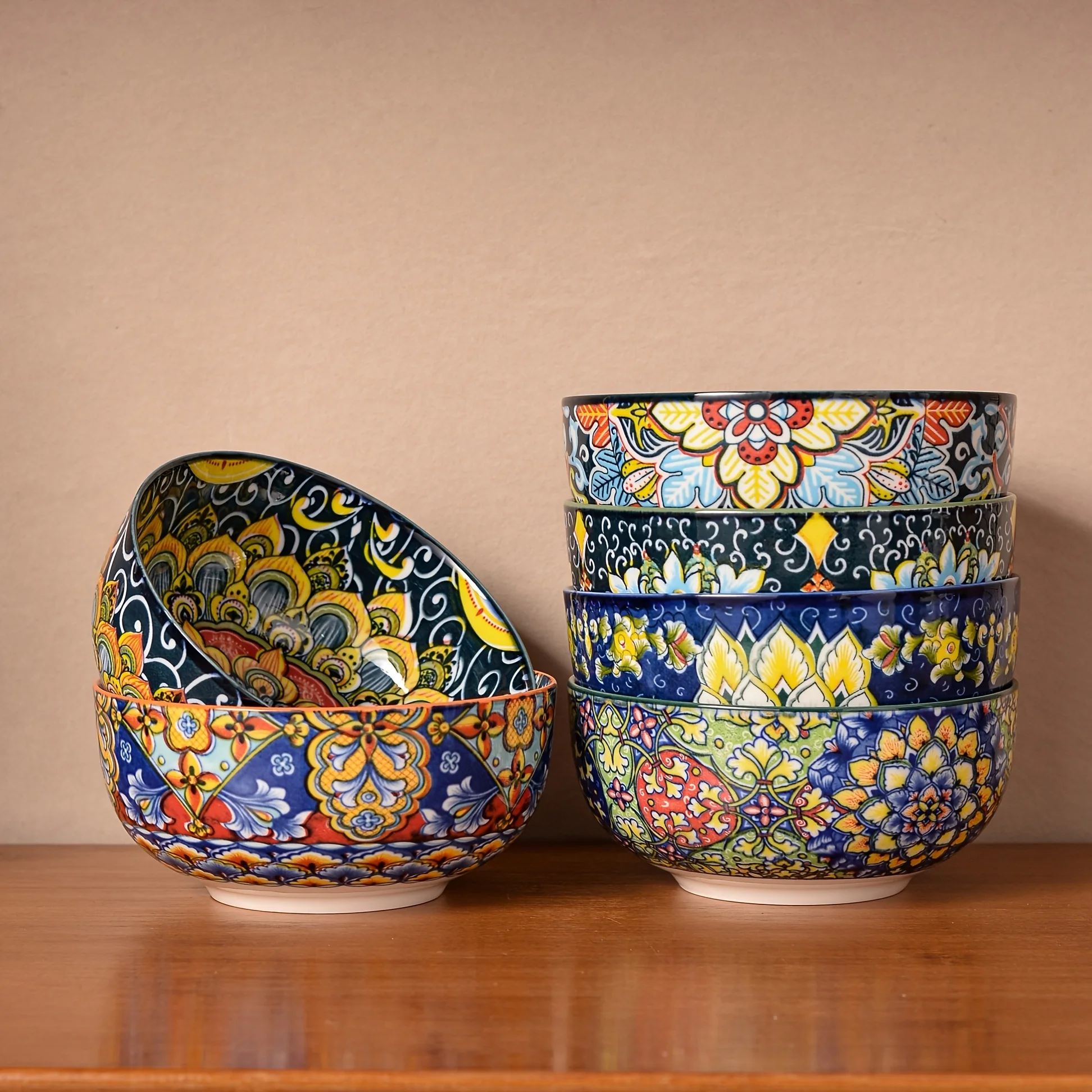 

6pcs Cereal Bowls, Ceramic Soup Bowls, Dishwasher And Microwave Safe, Serving Bowls with Double-Sided Pattern for Cereal