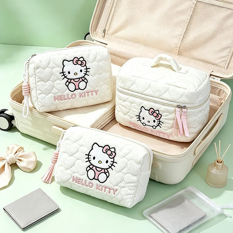 Hello Kitty Quilted Cloud Texture Makeup Bag Soft Large Capacity Cosmetic Storage Pouch Portable Travel Toiletry Organizer Gifts