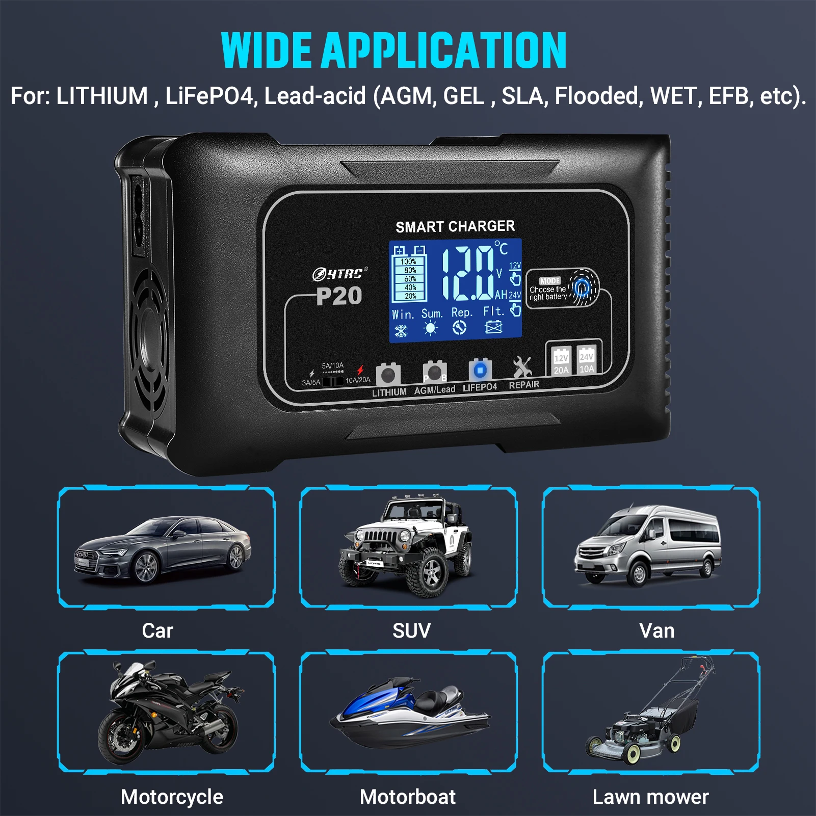 Nabíječka baterií HTRC 10A/15A/20A/25A 12V/24V pulzní opravná nabíječka pro olověné, lithiové a LiFePO4 baterie do auta a motocyklu - náhled 6