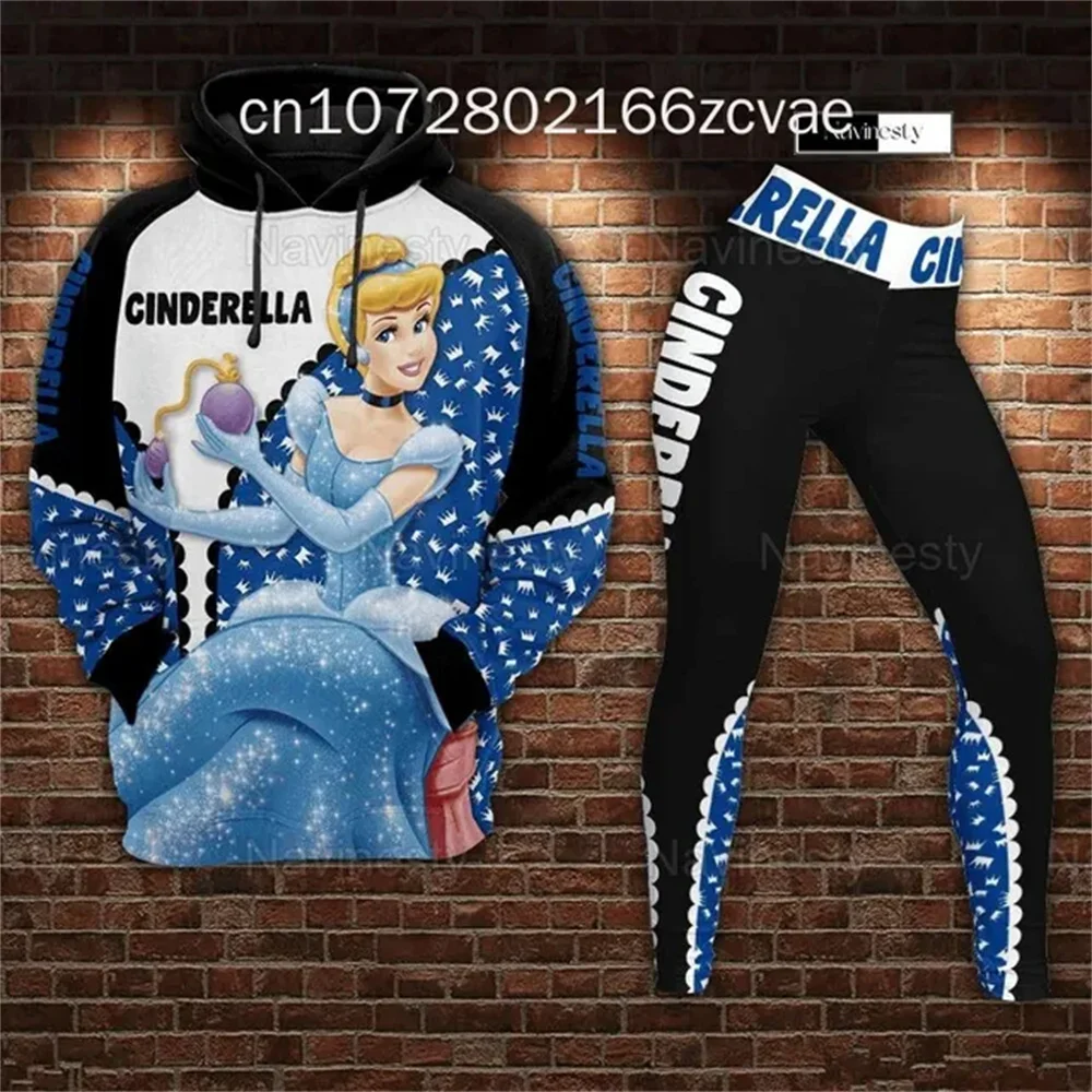 Disney Princess Cinderella Women's Hoodie Leggings Set High Waist Yoga Pants Set Disney Yoga Leggings Hoodie Fashion Sports Suit