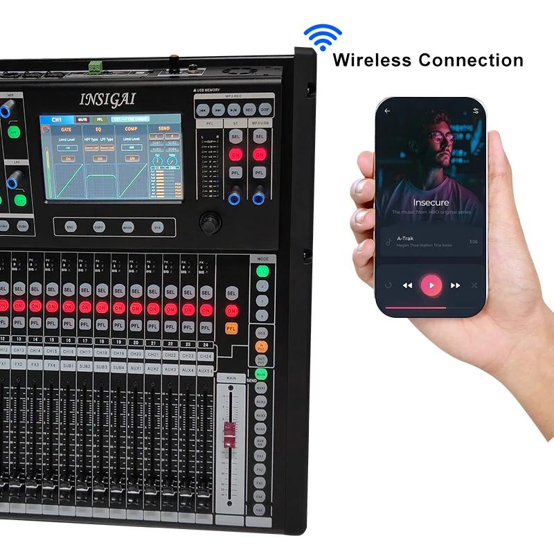 Novo mixer digital de 24 canais, profissional, bluetooth, controlador de gravação ao vivo completo, console de placa de som, misturador digital de áudio