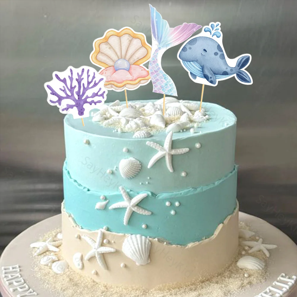 Decorações de bolo oceano sob o mar sereia bolo toppers concha coral papel cupcake topper diy aniversário festa marinha bolo suppli