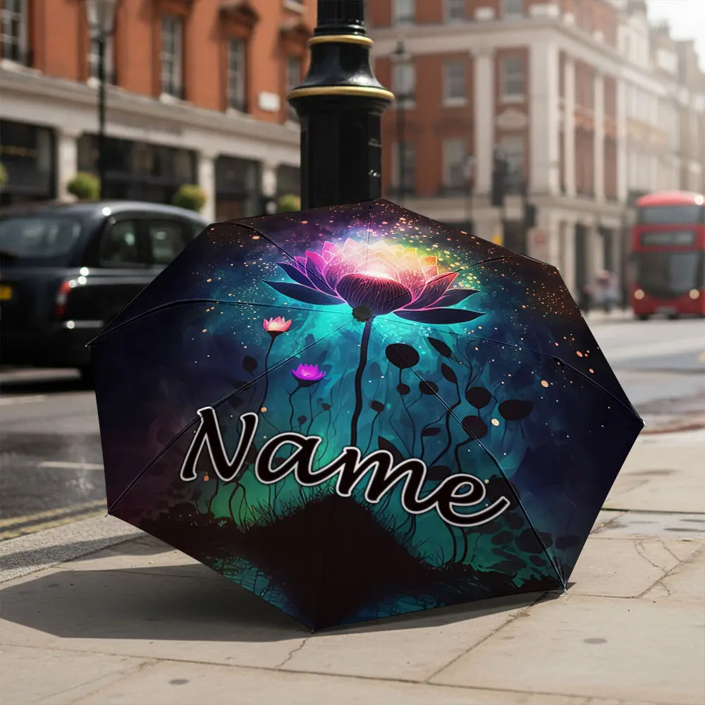 Custom Name umbrella, Colorful Lotus Print Umbrella Fashion Folding Umbrella for Sunny and Rainy Days, Christmas Gift