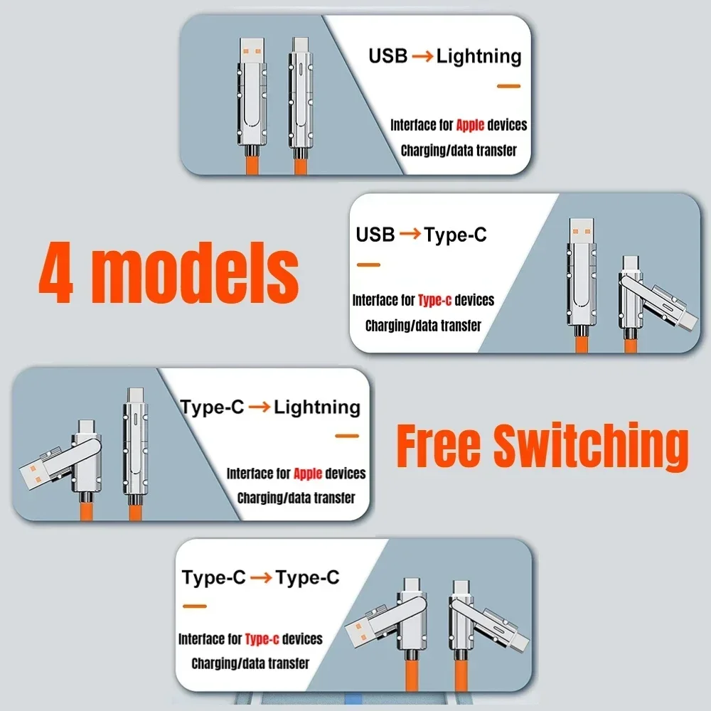 New 120W 2 in 2 PD Fast USB Cable for Huawei/Honor Retractable Portable 4 in 1 Micro USB Type C Charger Cable For Samsung / 1M