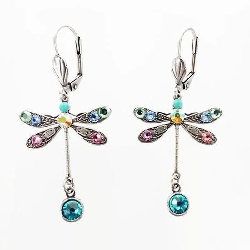 Elegant Personalized Carved Dragonfly Earrings Seven colored gems Hook Drop Earrings Wedding Engagement Earrings for women