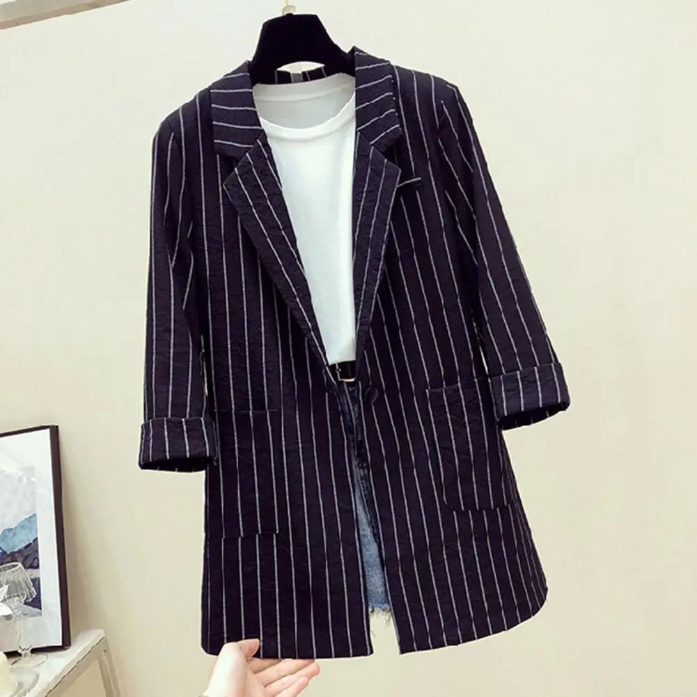 Women Autumn Blazer Striped Print Pocket Outwear Turn-down Collar Three Quarter Sleeve Warm Loose Casual Women Suit Coat