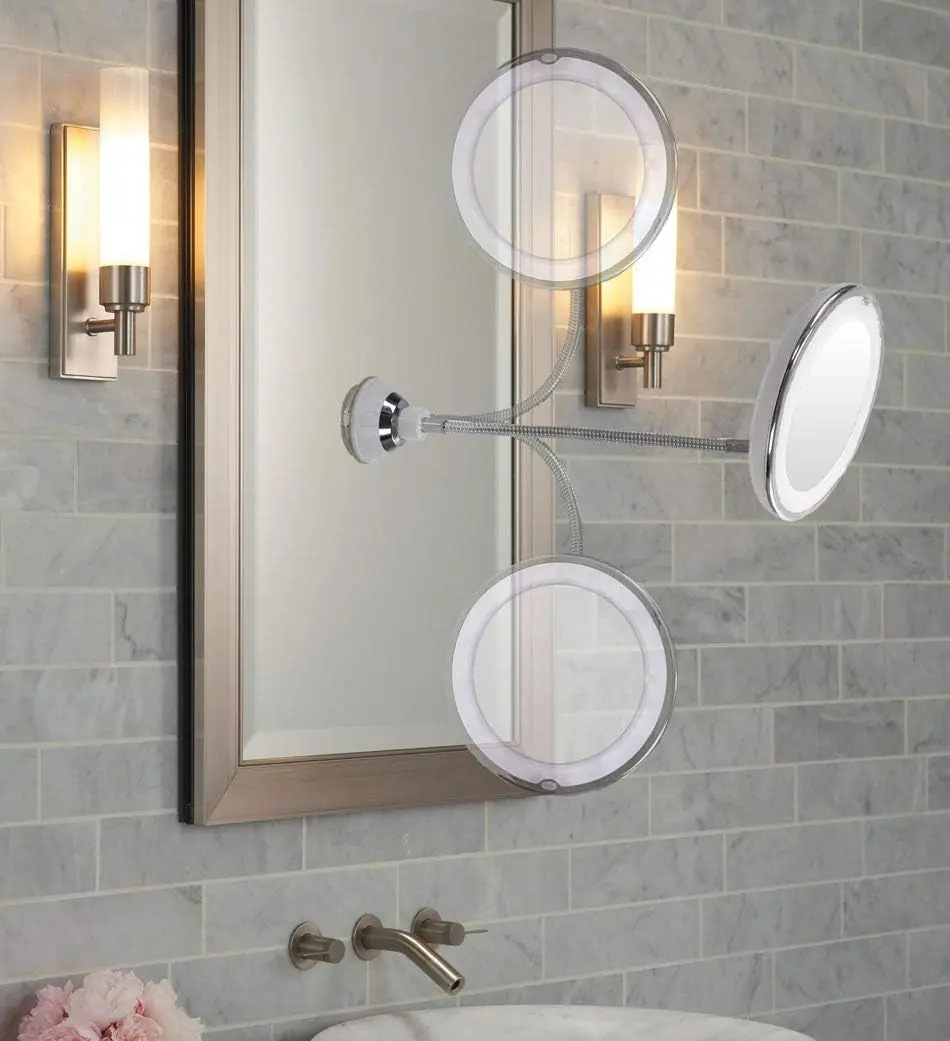 10倍拡大鏡吸盤ミラー 14個のLEDライト付き - 6.5インチ バスルームメイクアップバニティミラー 調節可能なライト付き、回転フレキシ