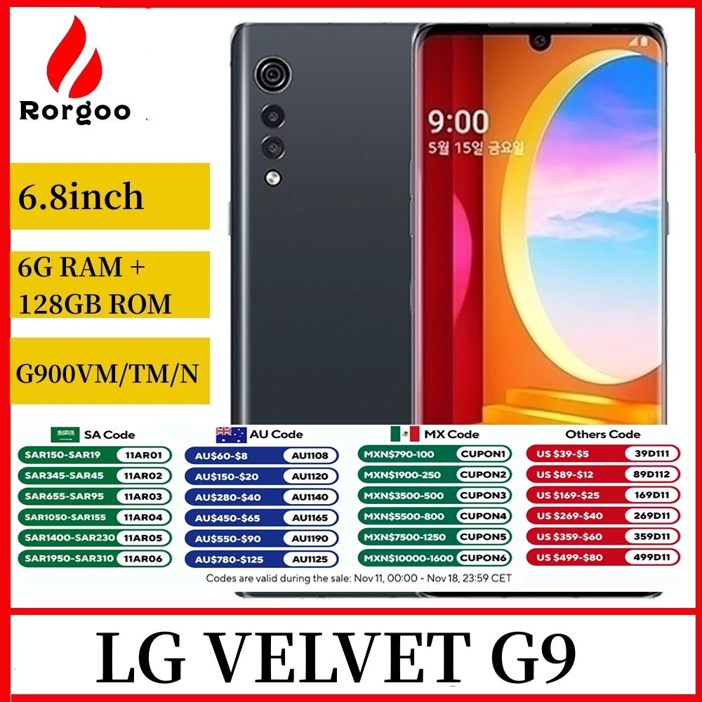 LG VELVET G9 G900TM G900VM G900N 4G LTE 5G Mobile Phone 128GB Unlocked 6.8'' LG Snapdragon765 Original Unlocked Cell Phone