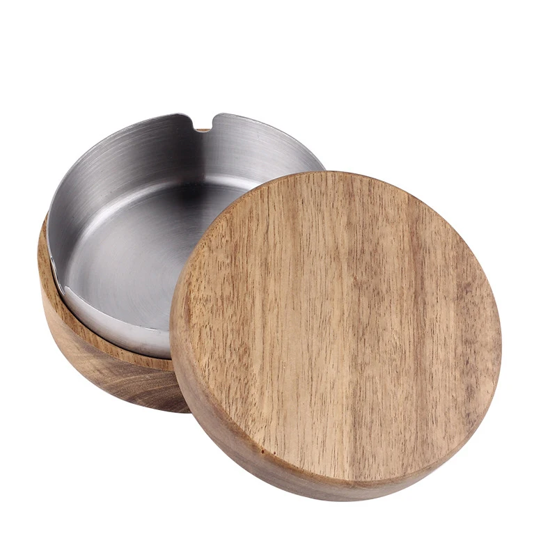 Walnut Wood Ashtrays With Lid Covered Windproof Ashtray With Stainless Steel Liner Indoor Outdoor Ash Tray For Home Living Room