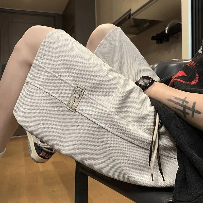 LIBIELIY Fashion Solid Color Pockets Spliced Casual Shorts Men's Clothing 2025 Summer New Loose Elastic High Waist Knee Sports S
