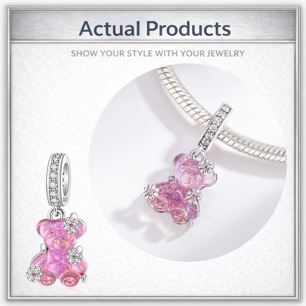 SilJew 925 Sterling Silber Bären-Anhänger mit Rosa und Blauem CZ-Perlen-Resin, Passend für Pandora Armband und Halskette, DIY-Schmuckherstellung, Geschenk für Frauen – Detail 6