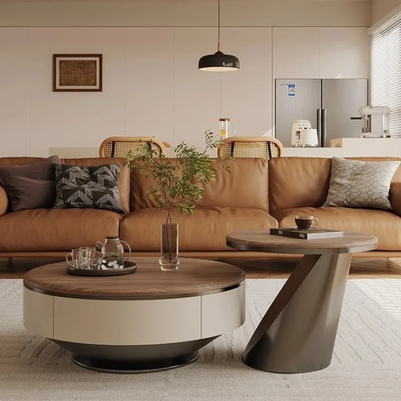 Modern simple small apartment light luxury coffee table size round living room home antique walnut surface coffee table 2