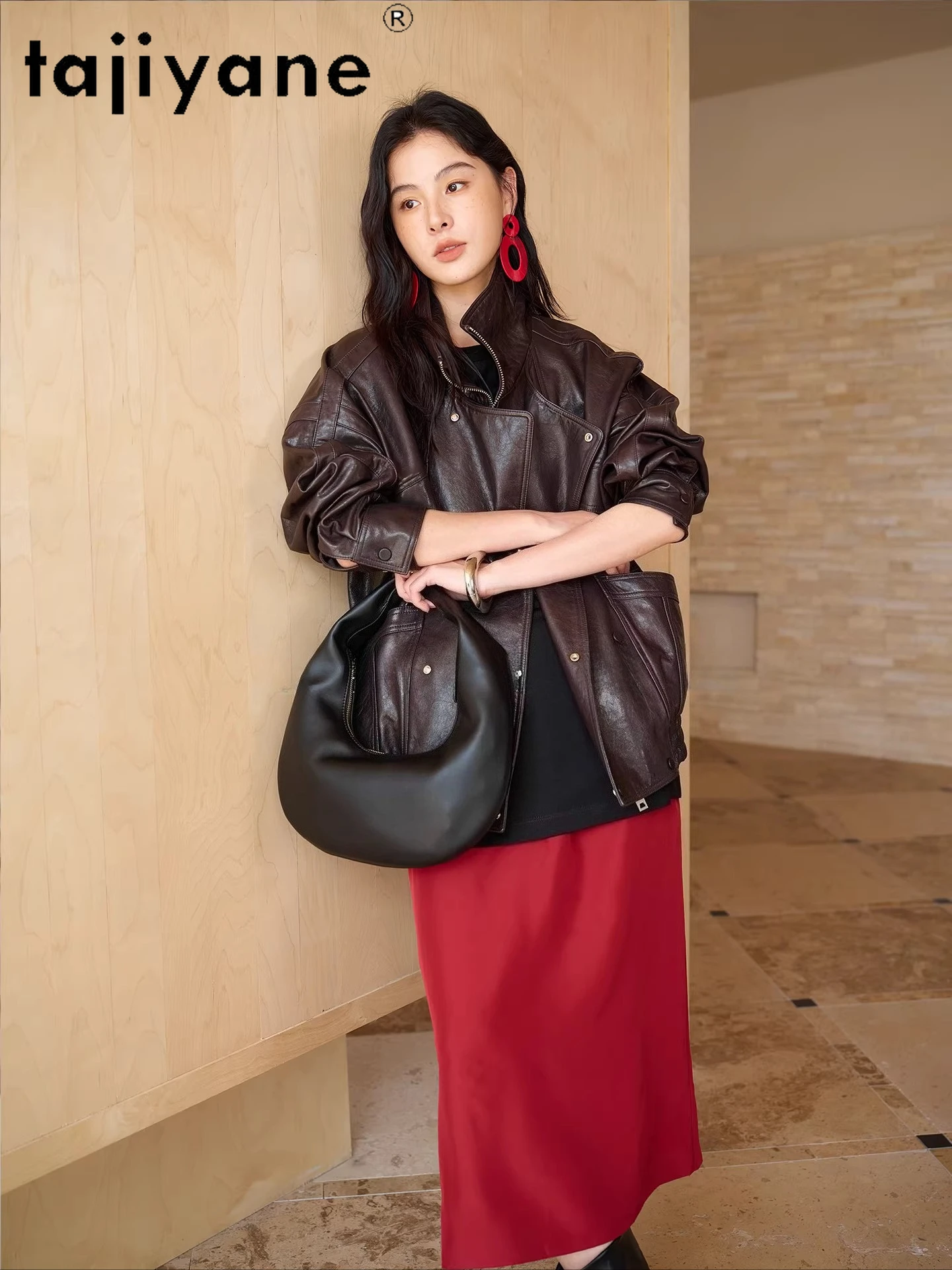 TAJIYANE Genuino Pelle di Capra Giubbotti di Pelle Delle Donne Del Collare Del Basamento Cappotto Vintage Giacca di Pelle Reale 2025 Autunno Donna Vestiti дубл onderка