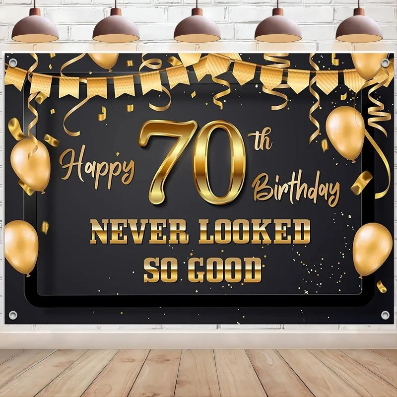 70 Never Looked So Good Banner Backdrop Funny Happy 70th Birthday Decorations Party Supplies for Men Women Black Gold Background