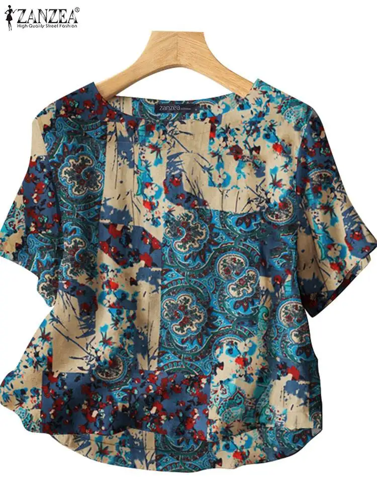 ZANZEA Vintage Printing Blouses Women 2024 Summer Casual Half Sleeve O Neck Cotton Blusas Mujer Leisure Everyday Holiday Shirts