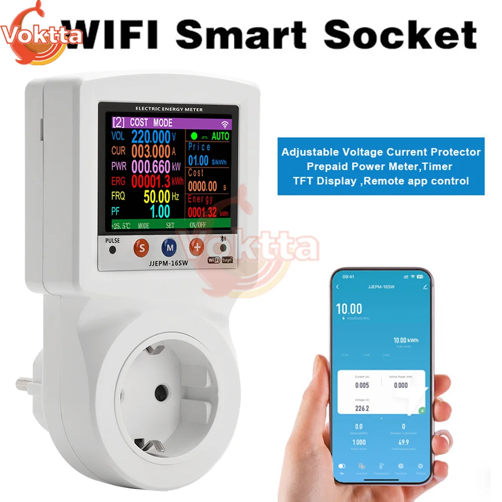 EU WIFI Smart Socket Digital Voltmeter volt Power Monitor Smart Life APP Remote Control Over-Voltage and Over-Current Protection