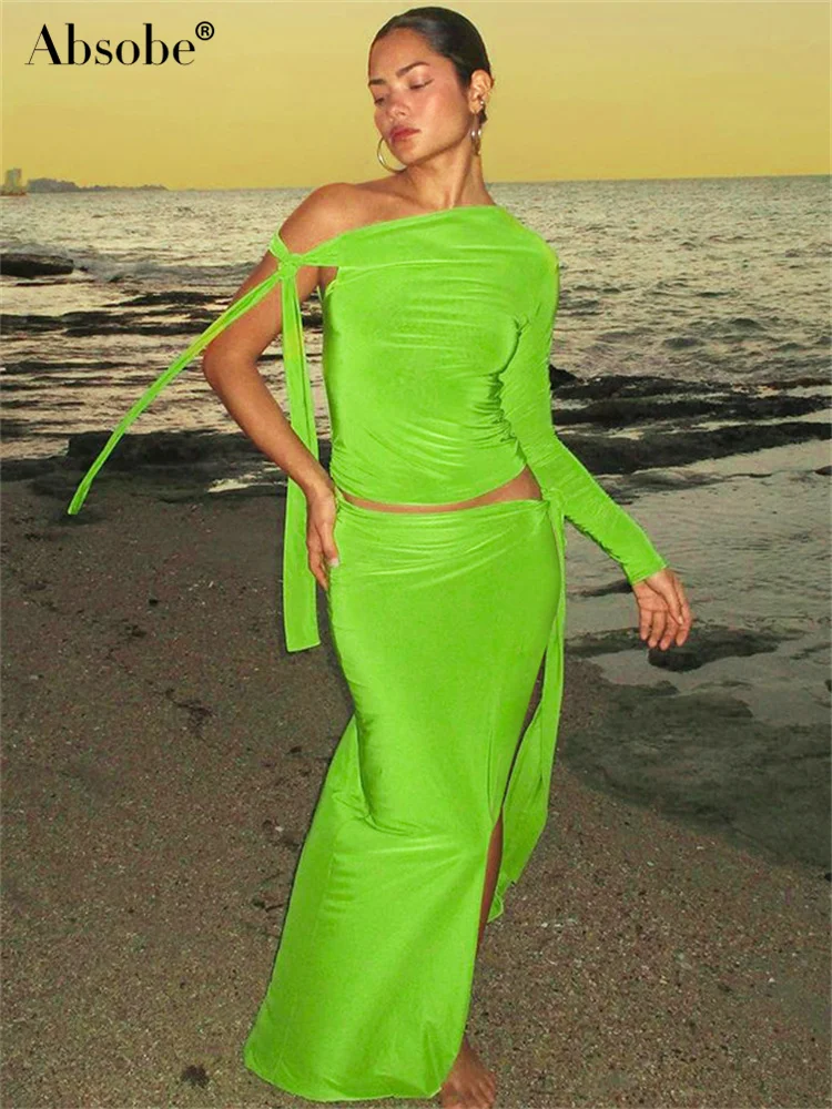 

Женский комплект из 2 предметов Absobe, длинная юбка с разрезом и шнуровкой, комплект из топа с одним открытым плечом и асимметричной юбки, облегающий костюм на осень 2024