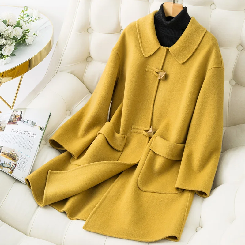 

Wool Double-sided Woolen Coat Women's Mid-length 2022 Spring Autumn Korean Cashmere Woolen Coat Doll Collar Solid Color Jacket