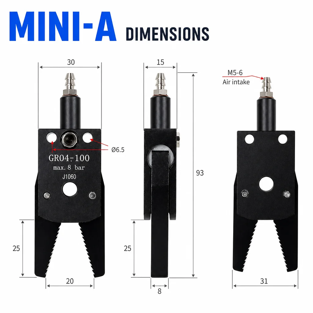 Mini Pneumatic Gripper Air Finger Cylinder Robot Arm Clamp with Sensor Switch for Injection Molding Machine Pick Place EOA