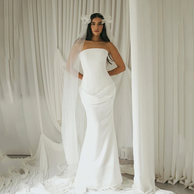 

Eightree Simple Mermaid Wedding Dresses Strapless Sleeveless Bridal Dress Saudi Arabia Wedding Evening Prom Gowns Customized