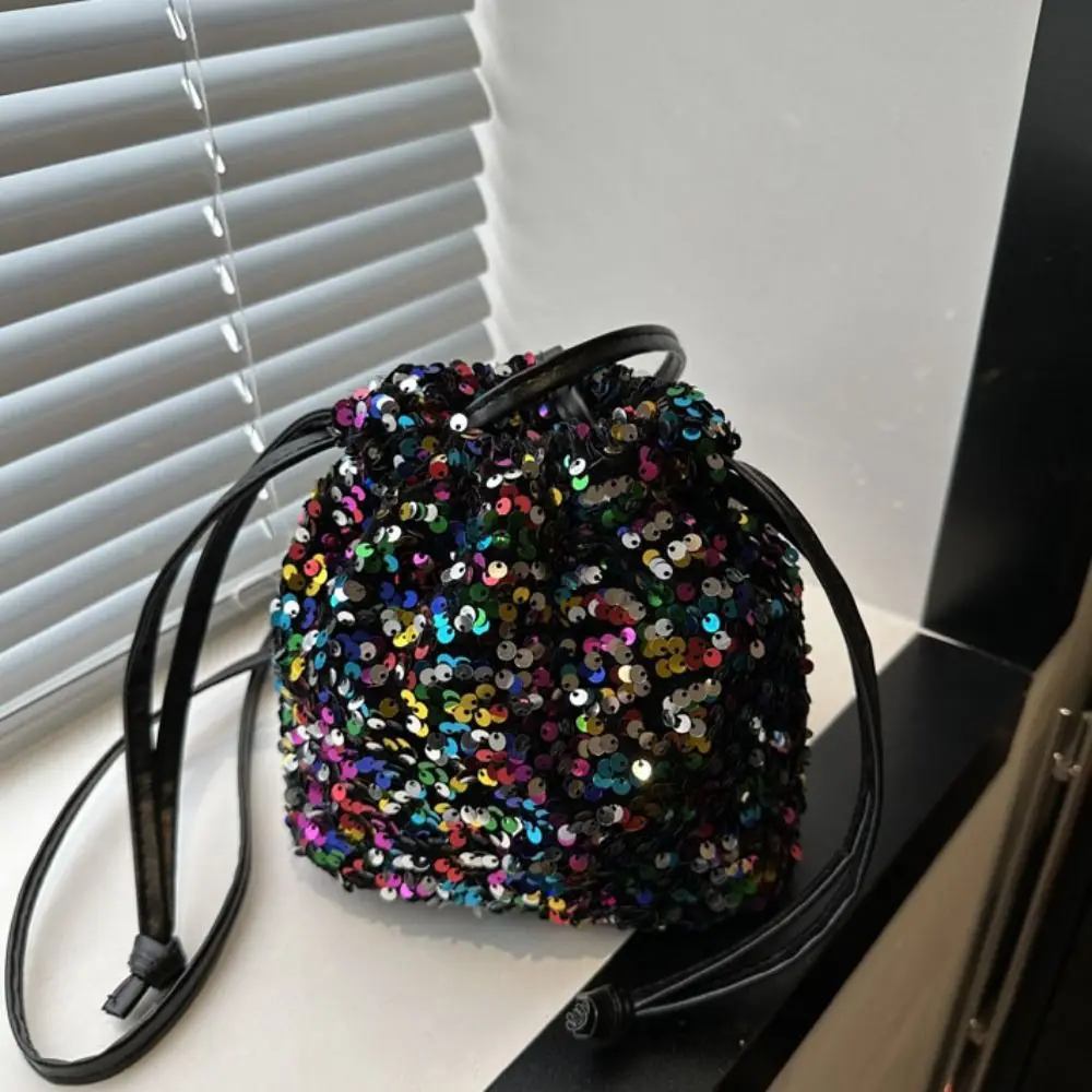 Retro Shiny Evening Banquet Bag Handbag Small Purse Drawstring Crossbody Bag Korean Style Mini Bucket Bag Wedding
