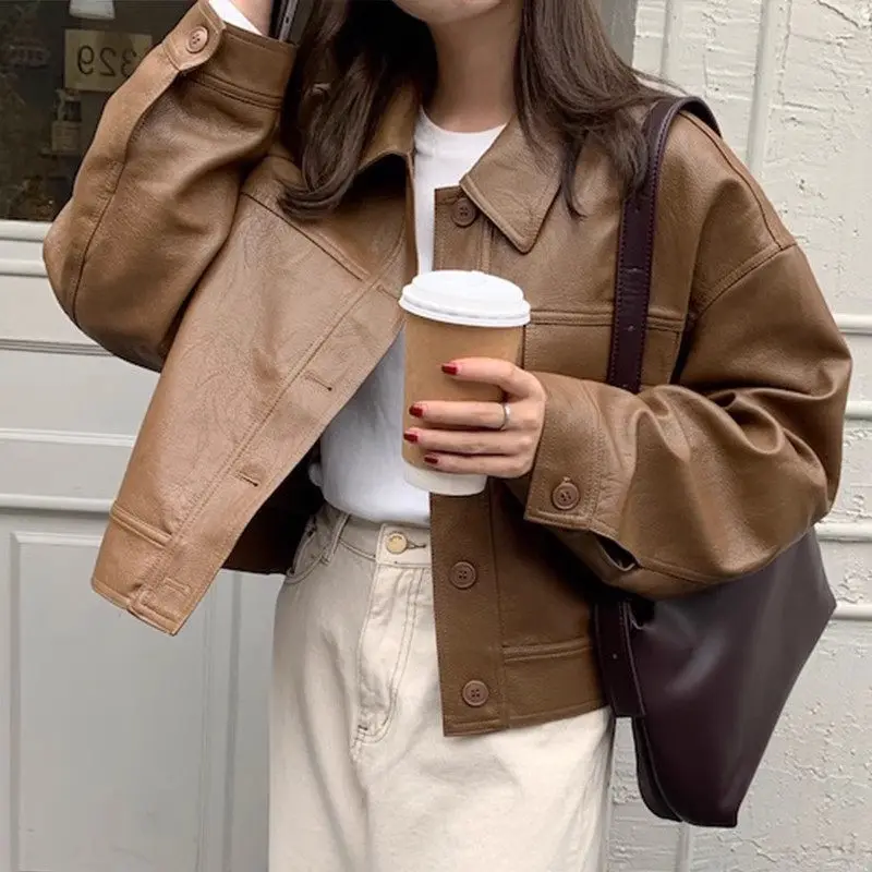 Korean Spring Fall Handsome Lapel Single Breasted Loose Casual Long Sleeved Motorcycle Leather Jacket Short Coat For Women z2234