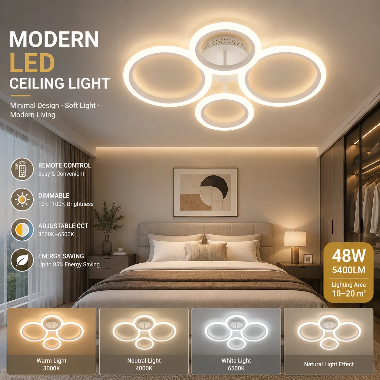 LED Ceiling Light 4 Ring Pendant Lamp Indoor Hall Chandelier High End Hotel Lighting 4800LM Remote Control White/Warm