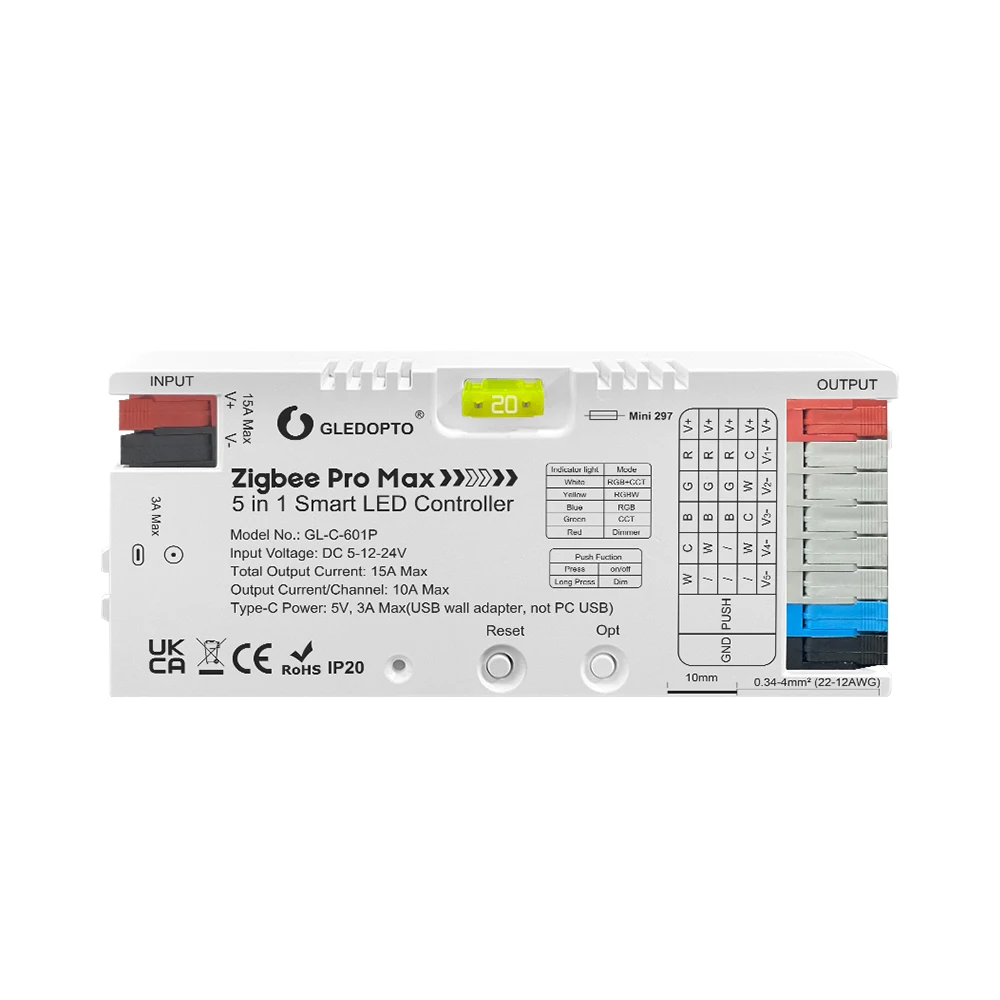 GL-C-601P  ZigBee 3.0 Pro Max 5 in 1 LED Controller RGBCCT RGBW RGB CCT Dim Light Mix 20A Pluggable Fuse App Voice GLEDOPTO