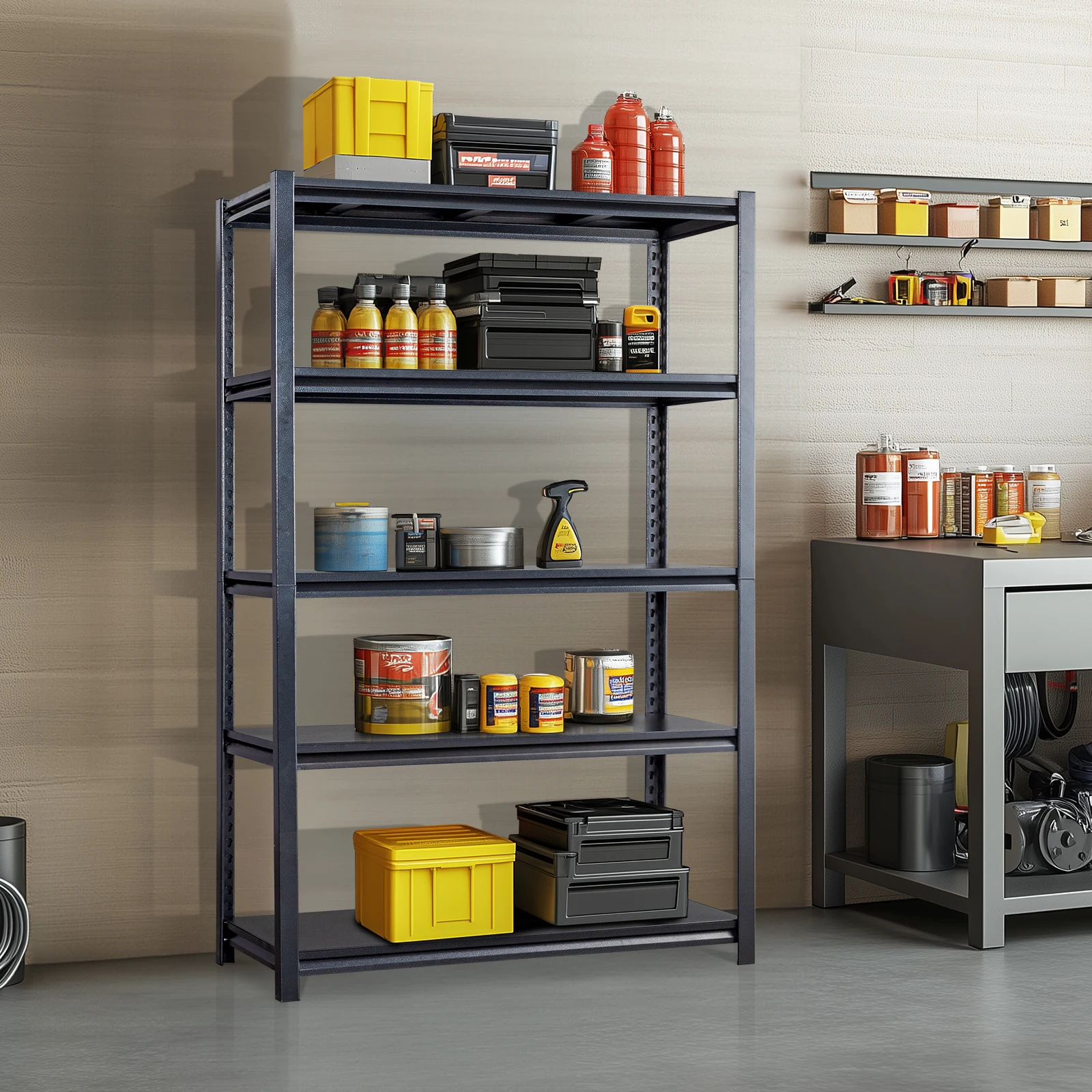 78-char: "H Adjustable 5-Tier Heavy Duty Garage Shelves, 2200LBS Metal Storage Racks for Warehouse, Pantry, Closet