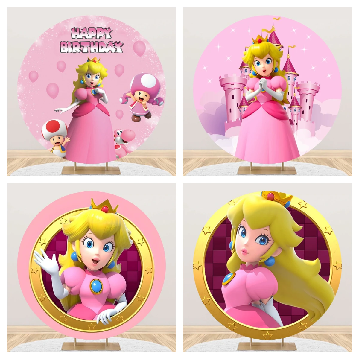 

Princess Peach Super Mario Bros Round Backdrop Photo Photography For Background Baby Shower Birthday Party Supplies Props Banner