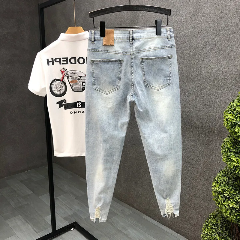 Nine Point Jeans For Men With Torn Holes Fashion Light Colored Distressed Slim Pencil Denim Pants