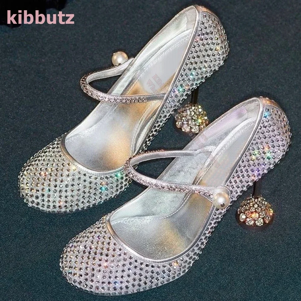 

Crystal Round Toe Wine Heel Pumps Rhinestone Pearl Glossy One Word Belt Slip-On Fashion Elegant Sexy Women Sandal Shoes Newest