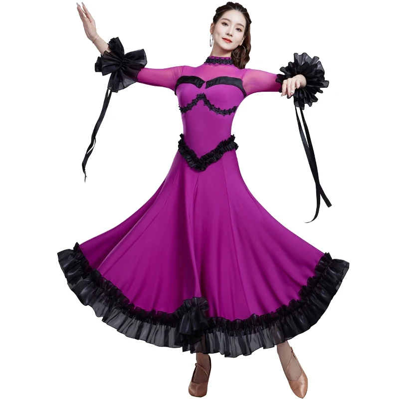 Modern Dance Latin Dance Dress Performance Dress Long Sleeve Dress Competition Practice Clothes Chacha Waltz Dance Dress DQL9588