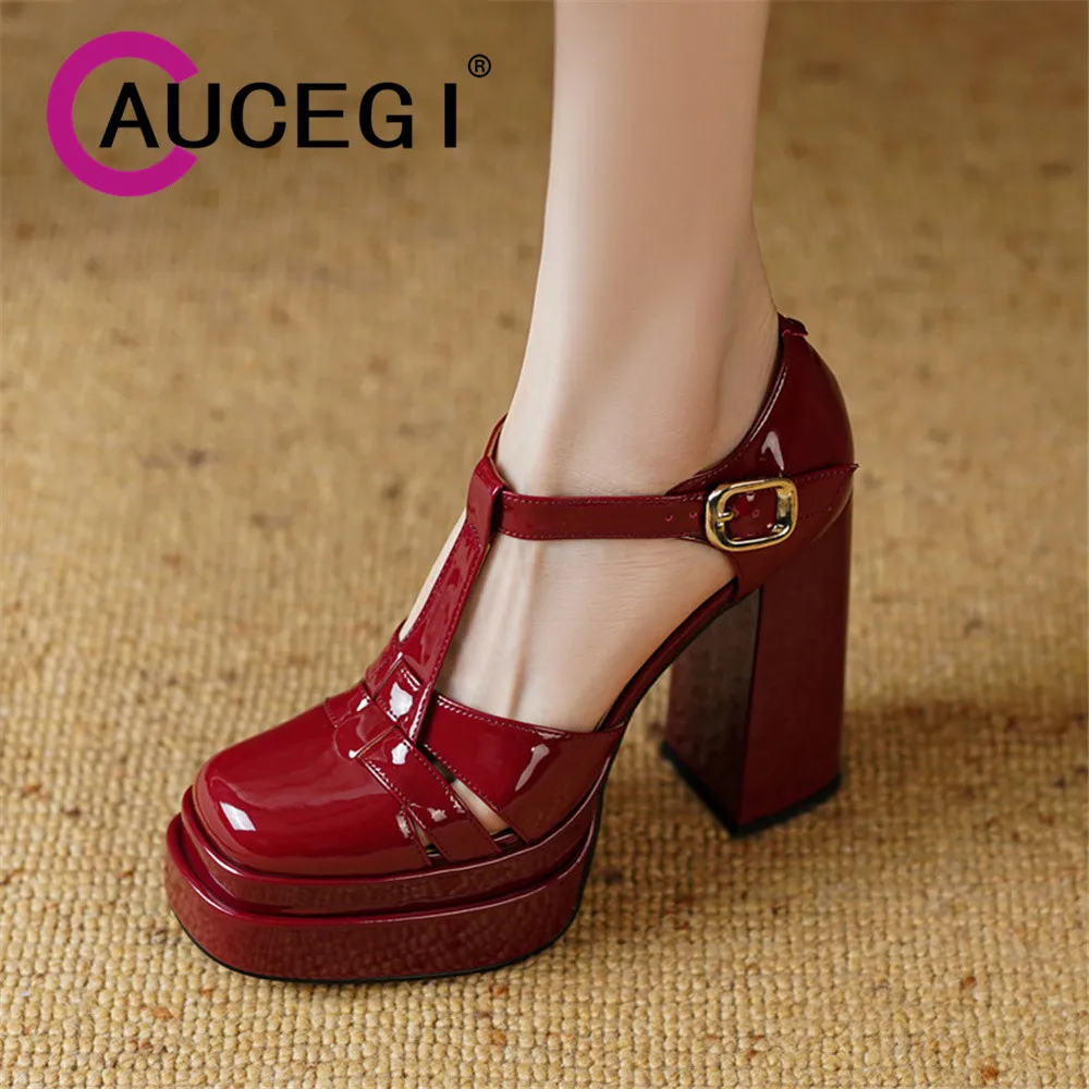 Aucegi Spring Summer New Anti Water Platform Thick Heel Pumps Fashion Square Toe Buckle Strap Fashion Party Dress Handmade Shoes