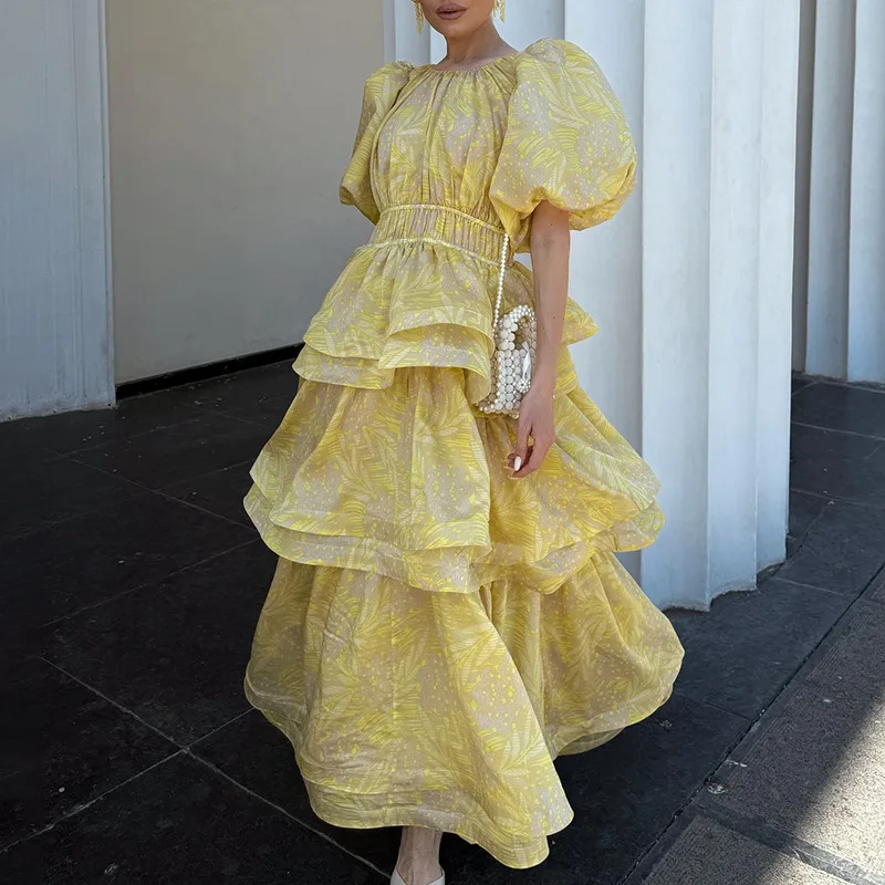 HKSH 2026 Summer New Women Dress Printed Multi-layer Ruffled Pleated Puff  Sleeves O-neck Waist Cinching Elegant Dresses HK18101